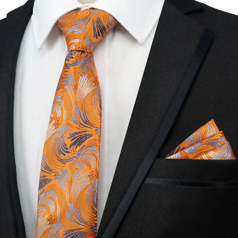 Paisley Floral Jacquard Brown Orange Necktie Hanky Sets