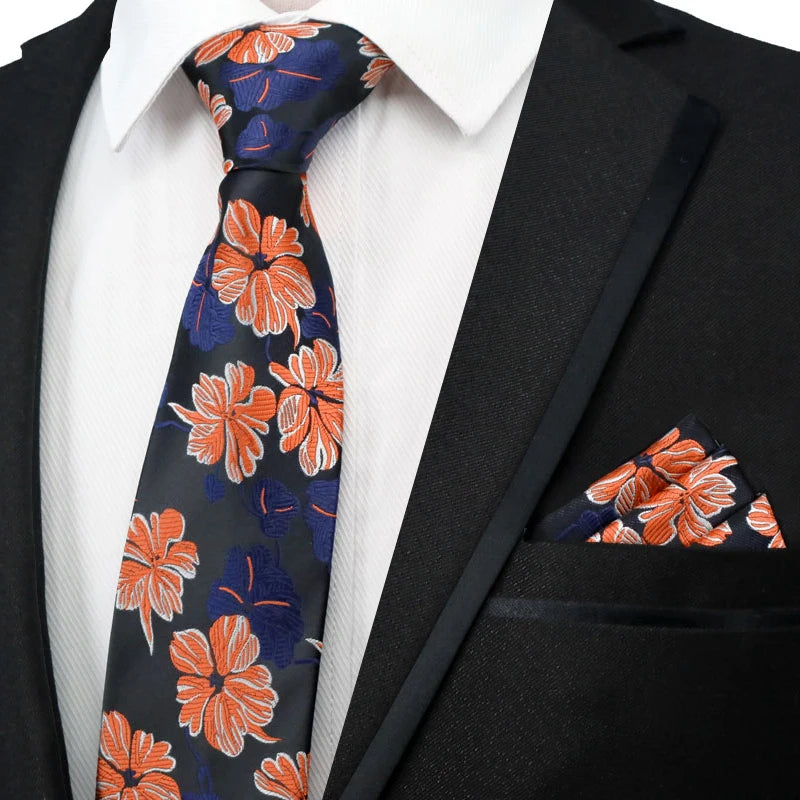 Paisley Floral Jacquard Brown Orange Necktie Hanky Sets