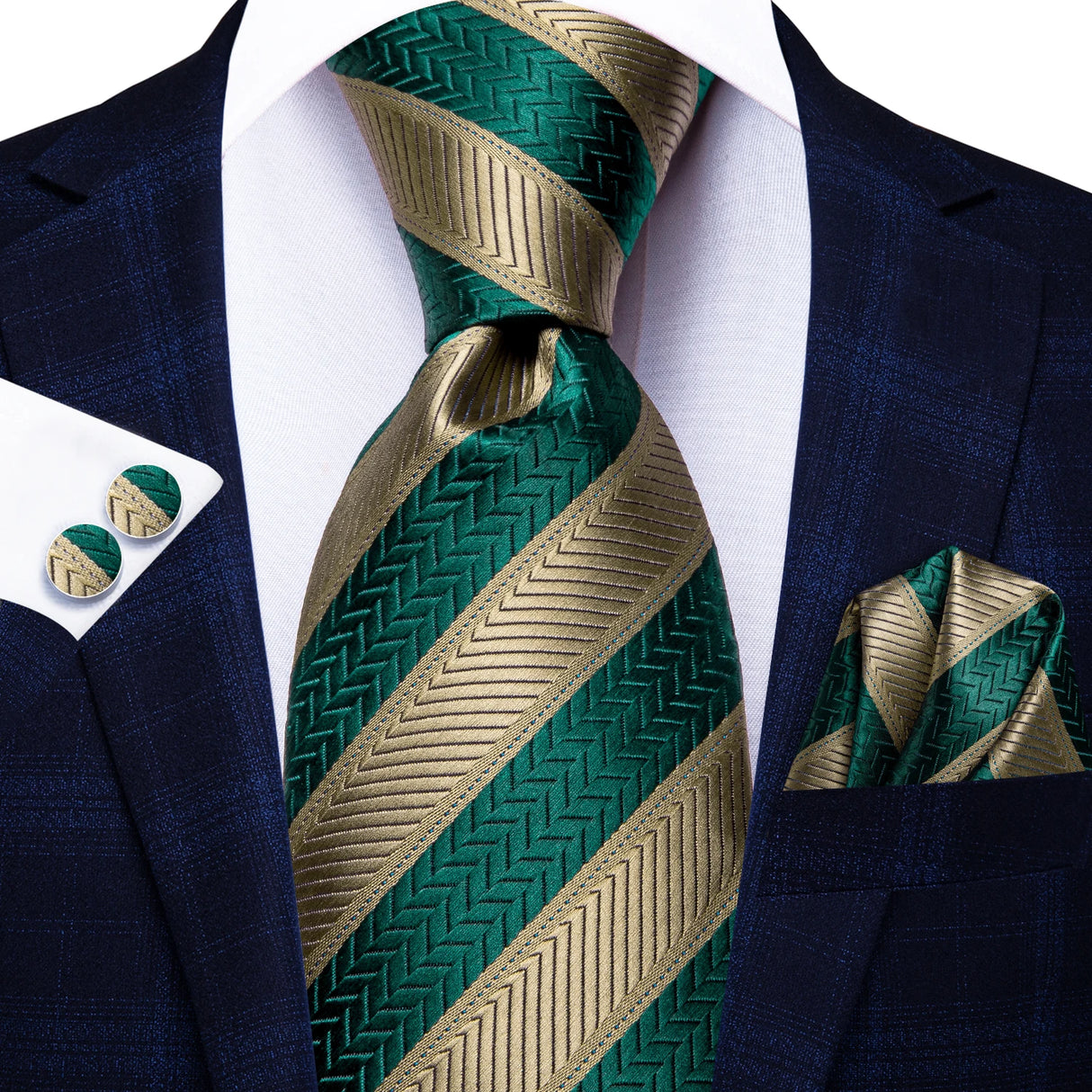 brown green geometric pattern tie set