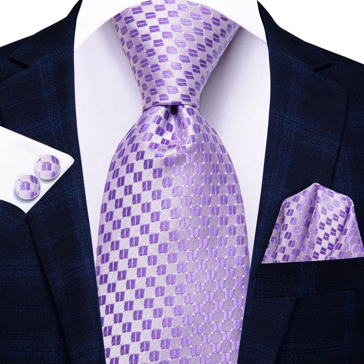 small square pattern purple tie set
