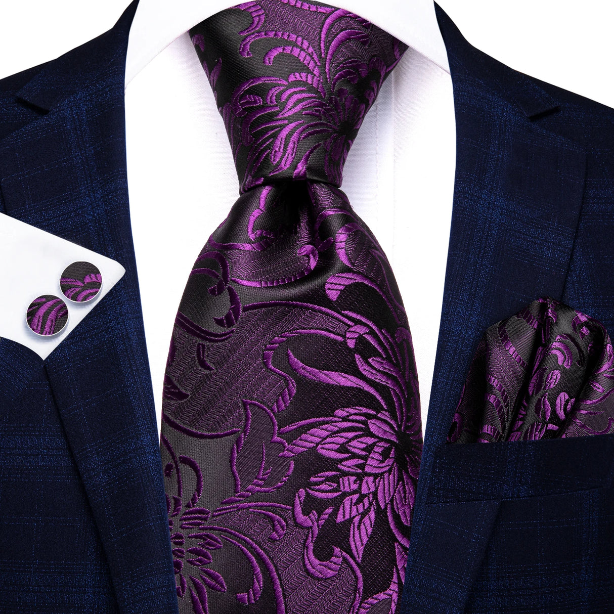 black purple floral pattern tie set