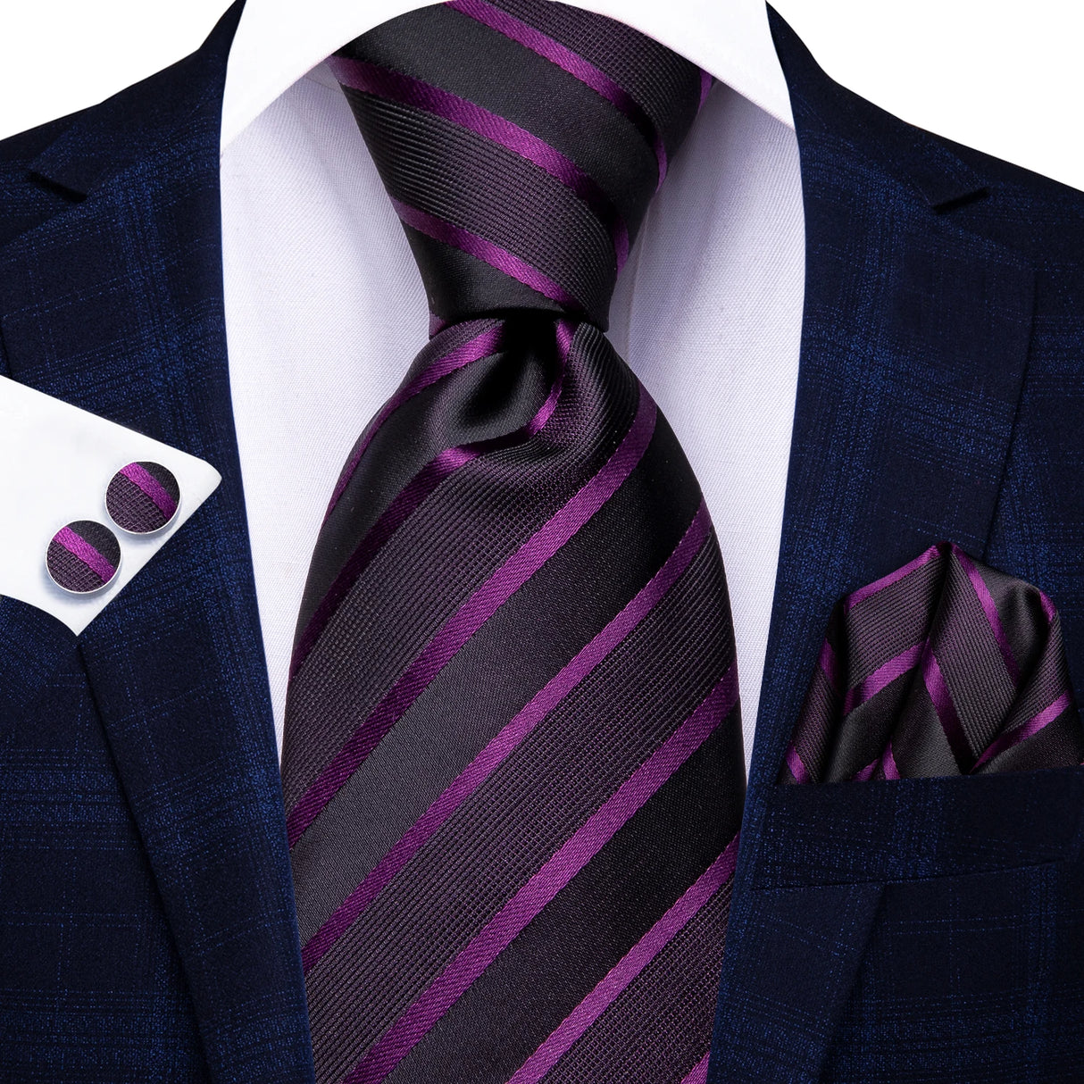 purple black line pattern tie set