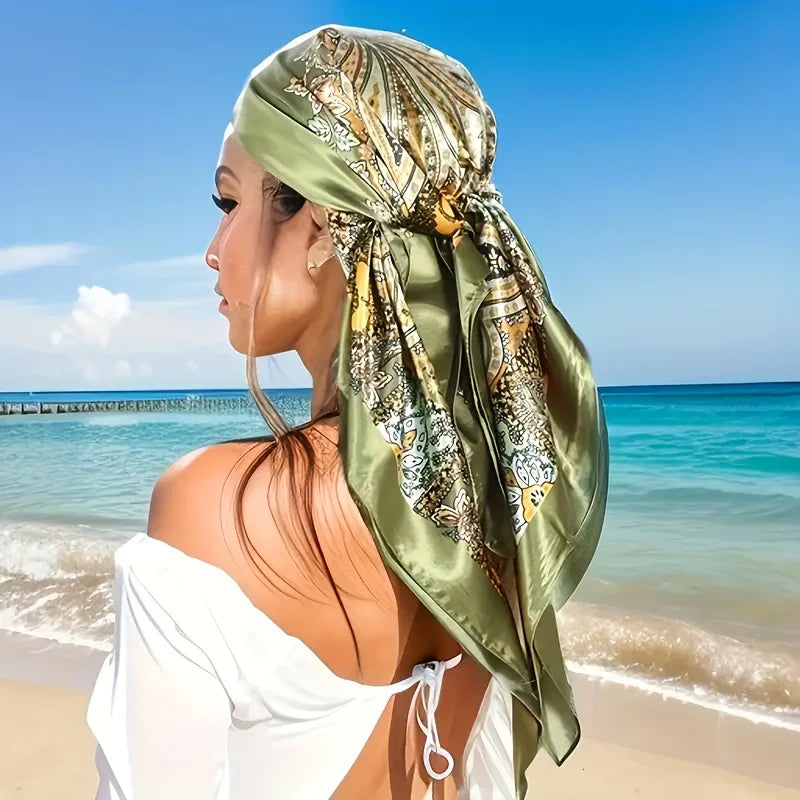 Green Paisley Shawl Head Scarf Satin Square Scarves Hair Bandana