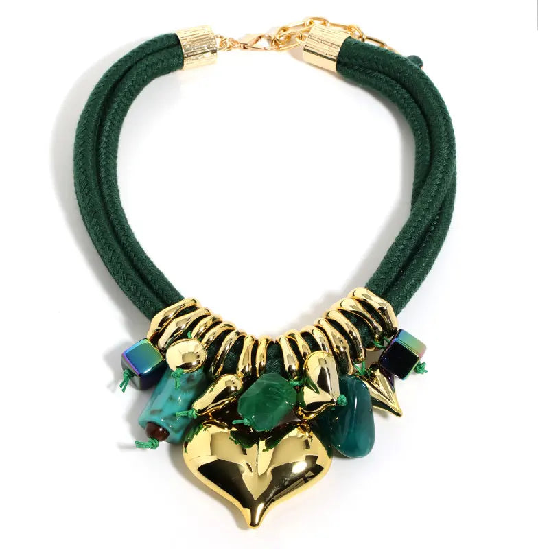 Green Party Beaded Hearts Pendant Necklace