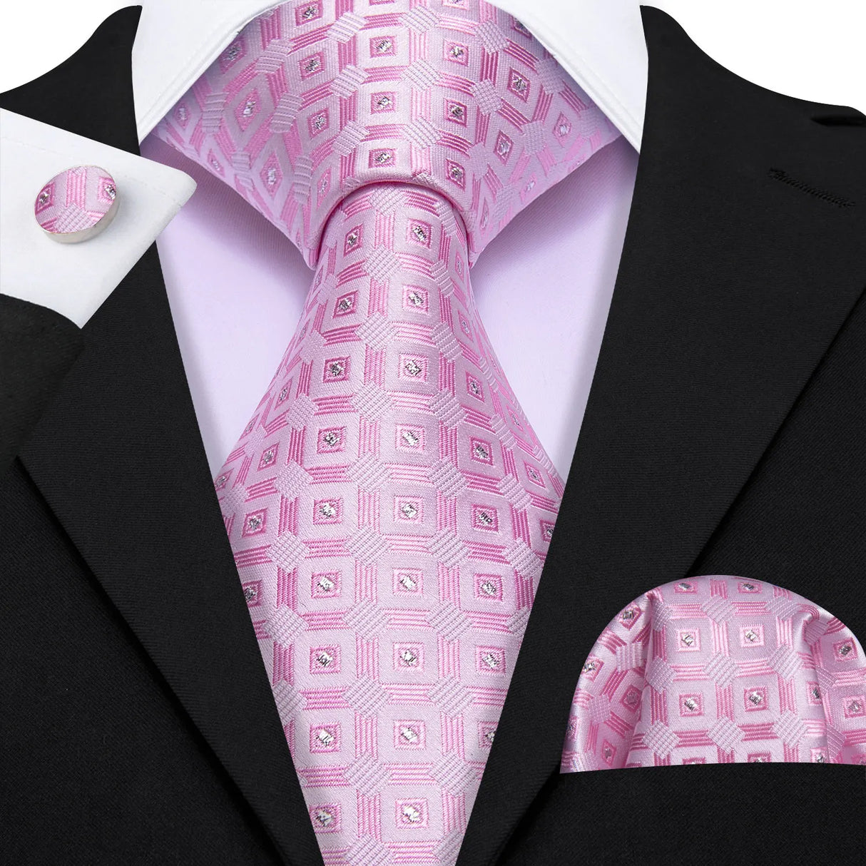 Pink Peach Salmon Rouge Rose Jacquard Necktie Hanky Cufflinks Set