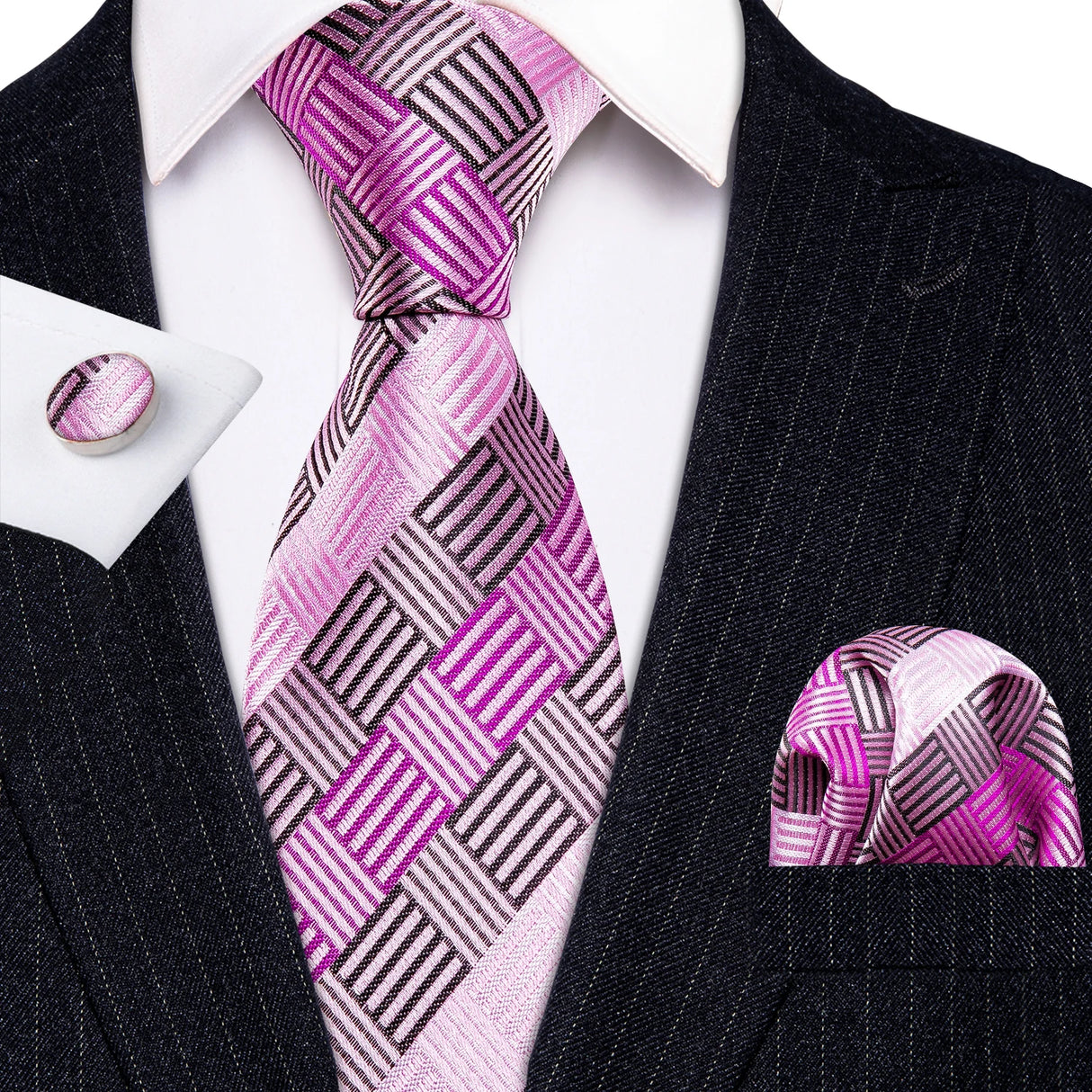 Peach Salmon Rouge Rose Jacquard Necktie Hanky Cufflinks Set