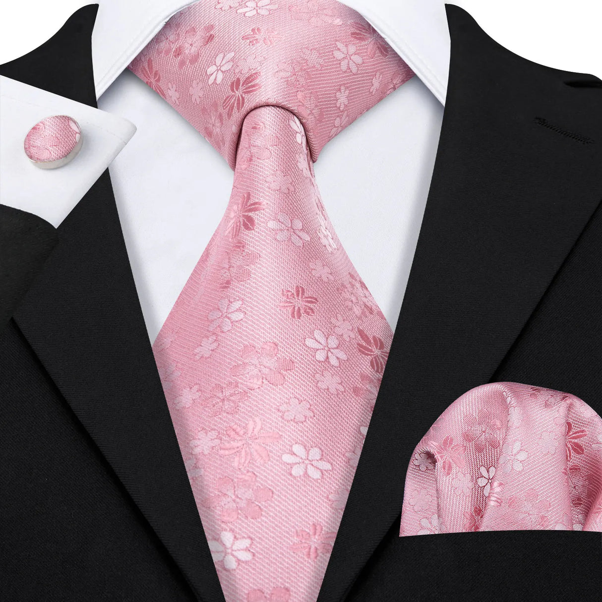 Peach Salmon Rouge Rose Jacquard Necktie Hanky Cufflinks Set