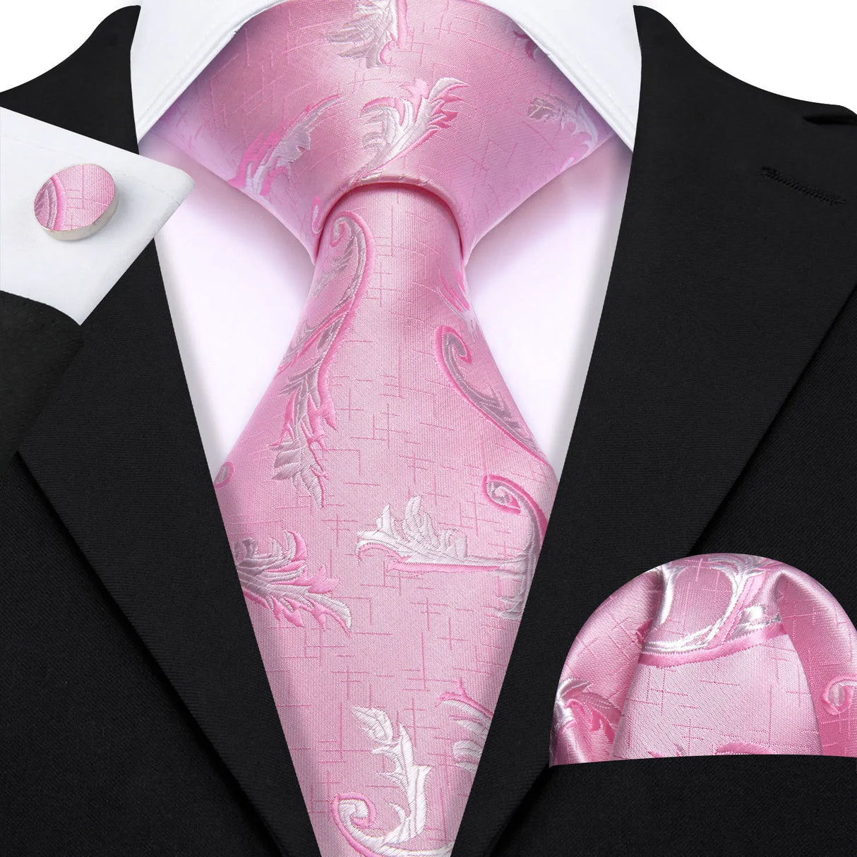 Pink Peach Salmon Rouge Rose Jacquard Necktie Hanky Cufflinks Set