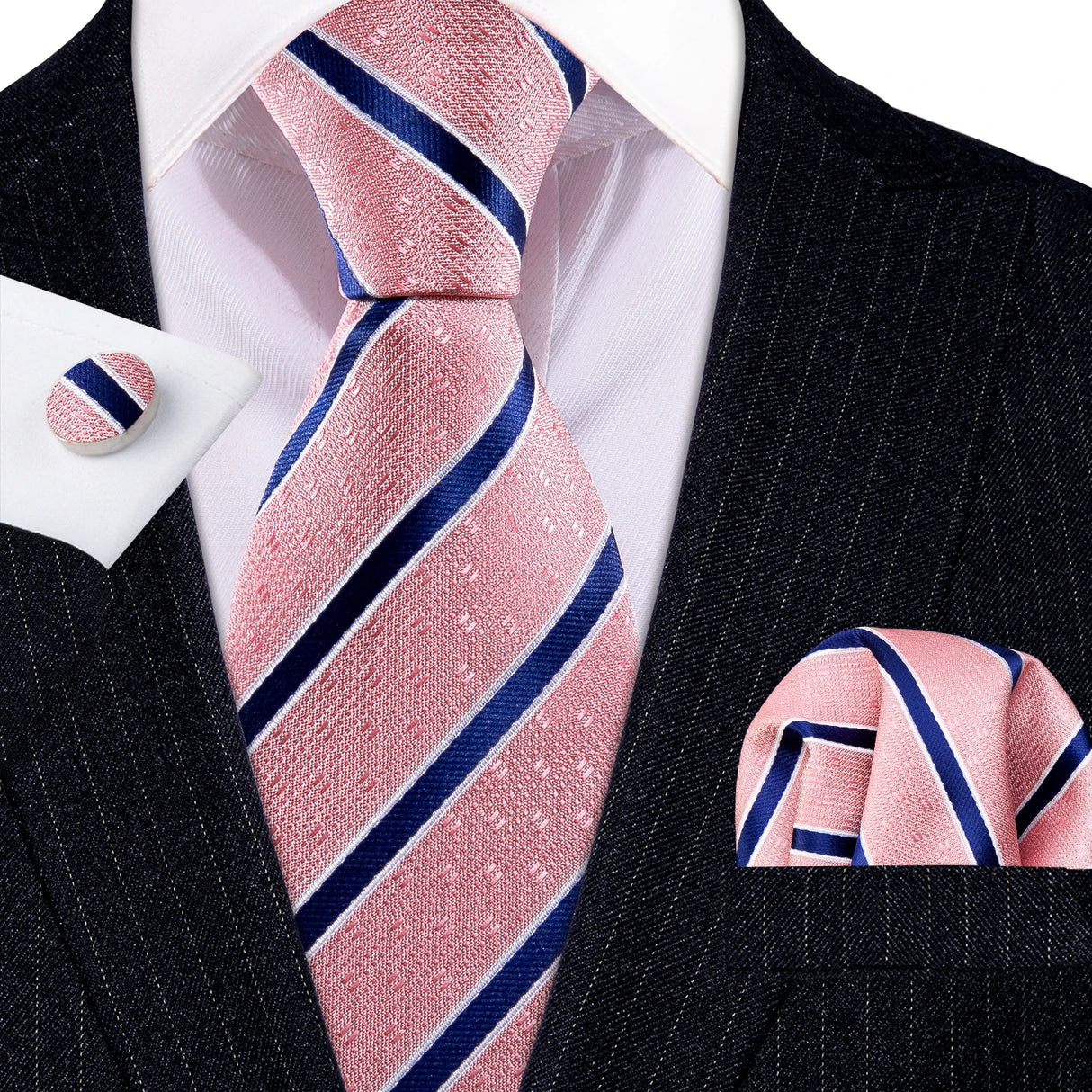 Peach Salmon Rouge Rose Jacquard Necktie Hanky Cufflinks Set