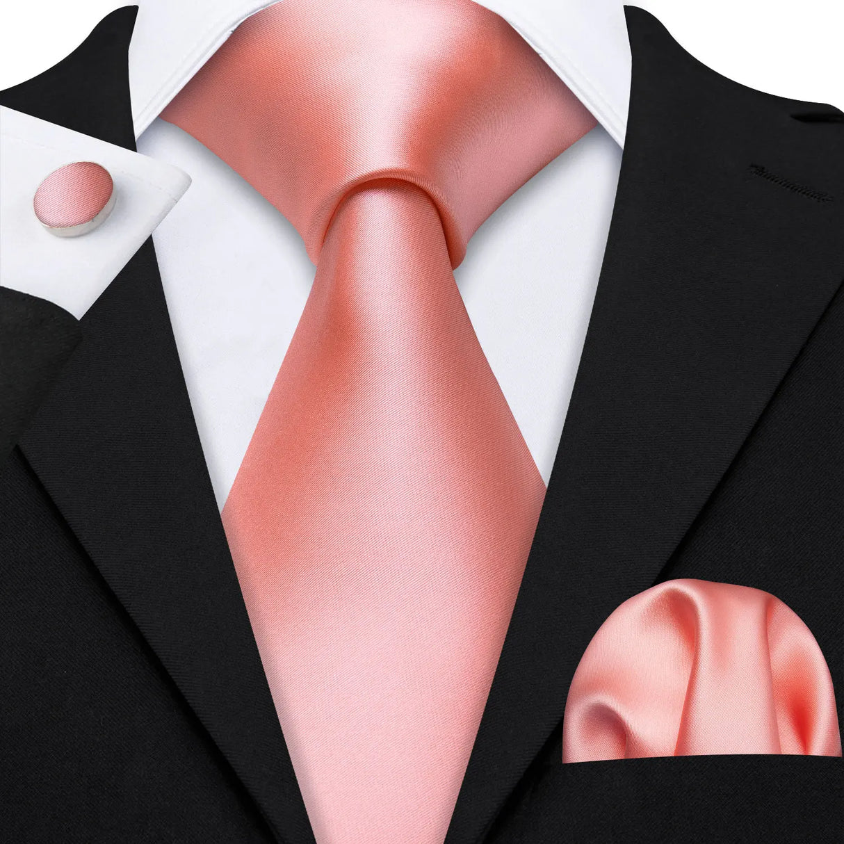 Peach Salmon Rouge Rose Jacquard Necktie Hanky Cufflinks Set