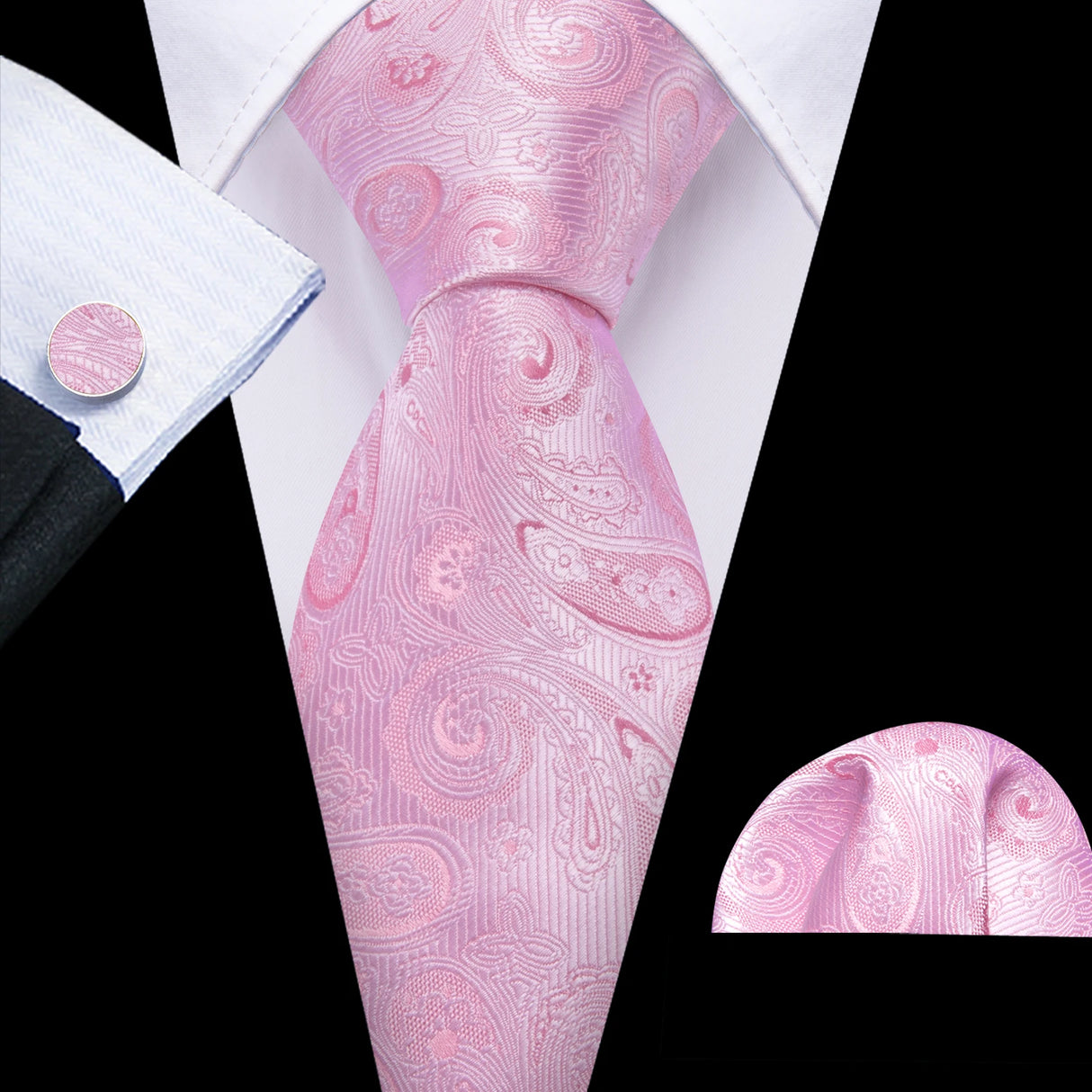 Peach Salmon Rouge Rose Jacquard Necktie Hanky Cufflinks Set