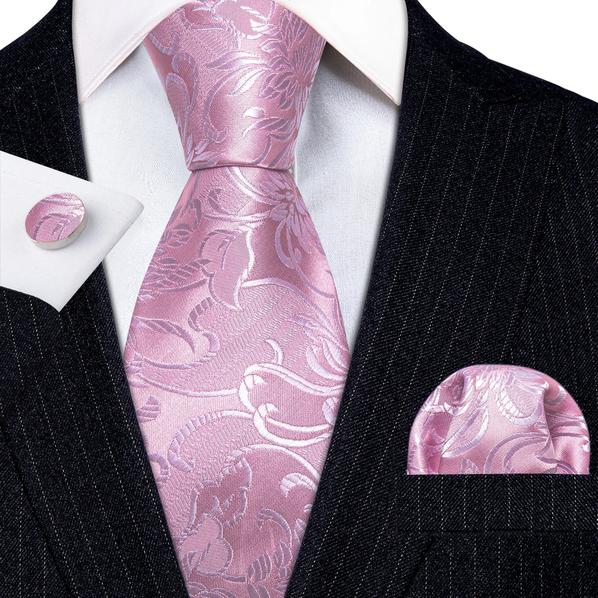 Peach Salmon Rouge Rose Jacquard Necktie Hanky Cufflinks Set