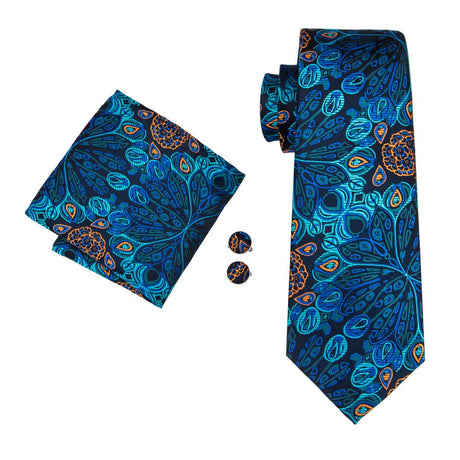 Blue Peacock Pattern Silk Tie