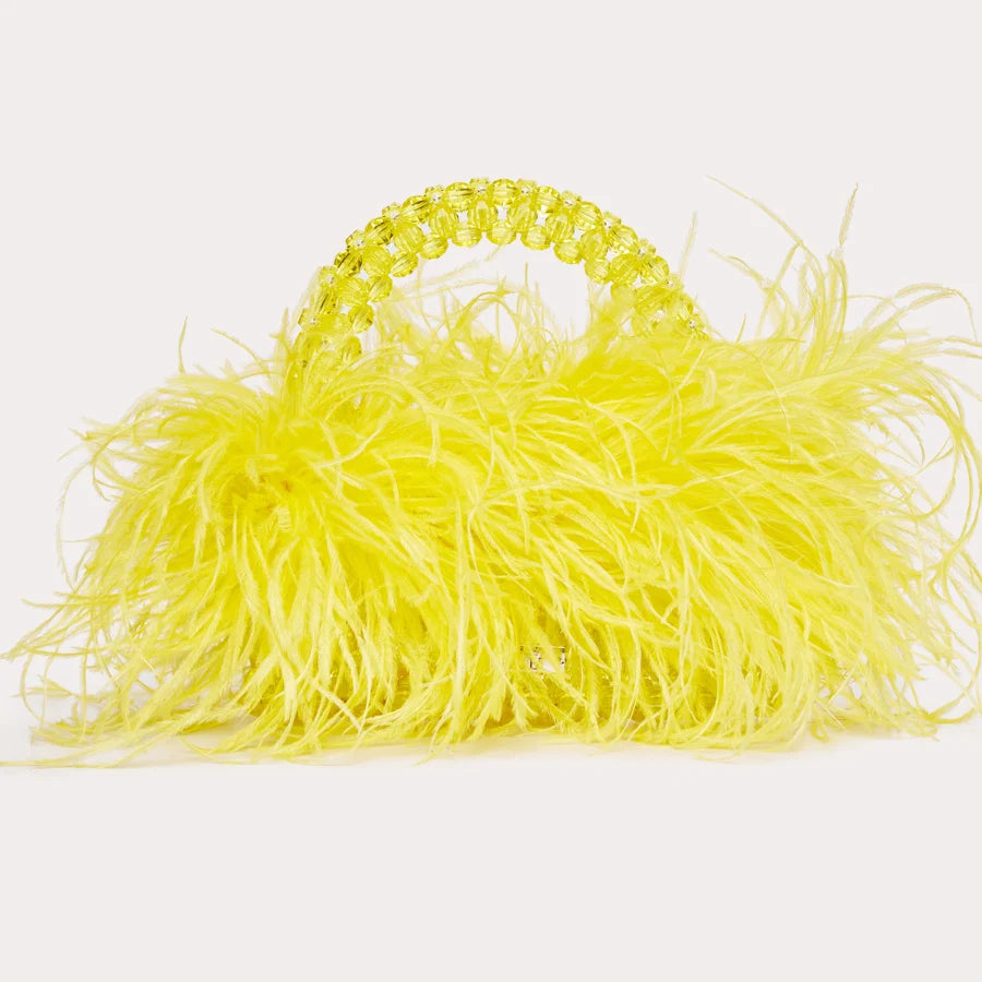 Yellow Pearl Bead With Ostrich Feather Fur Handbag