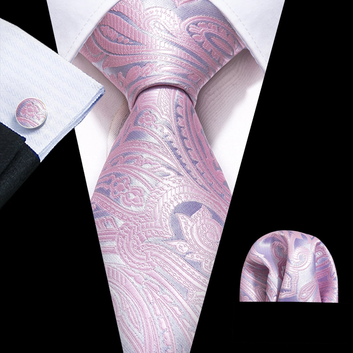 Pink Jacquard Peach Silk Pocket Square Cufflinks Set Necktie