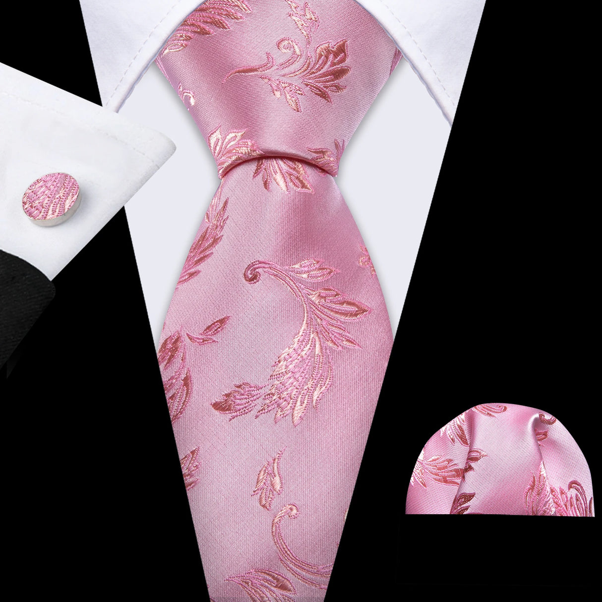 Pink Jacquard Peach Silk Pocket Square Cufflinks Set Necktie