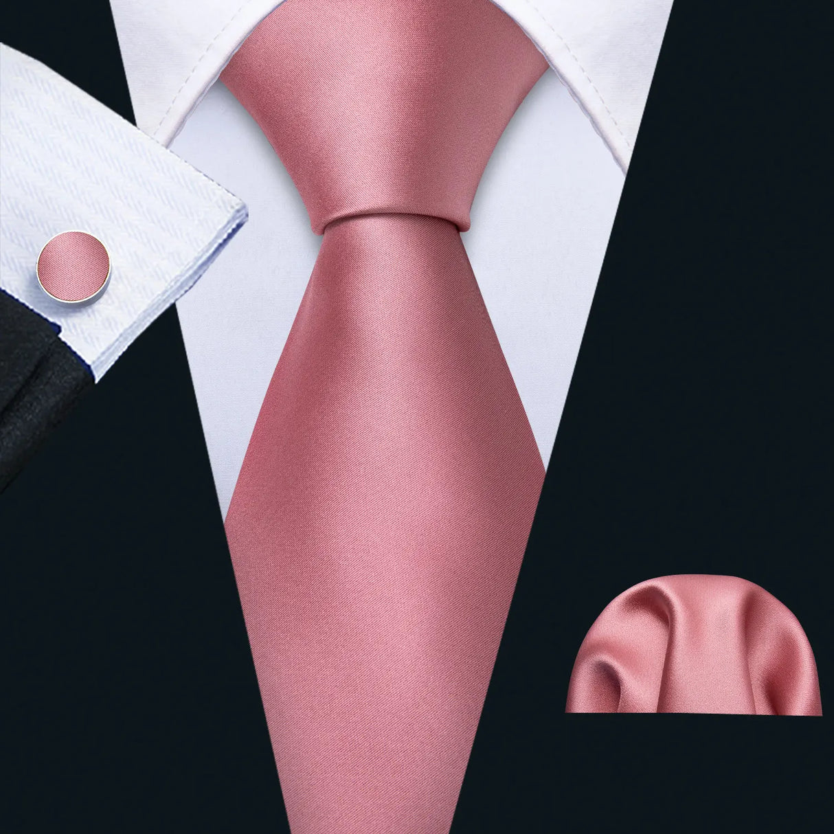 Pink Jacquard Peach Silk Pocket Square Cufflinks Set Necktie