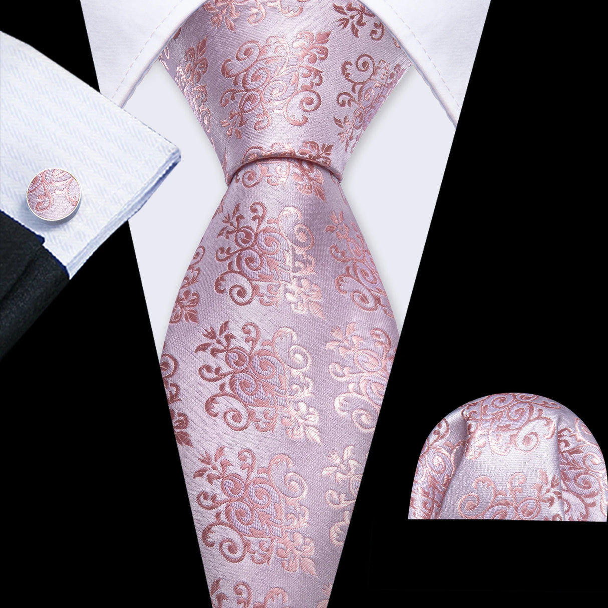 Pink Jacquard Peach Silk Pocket Square Cufflinks Set Necktie