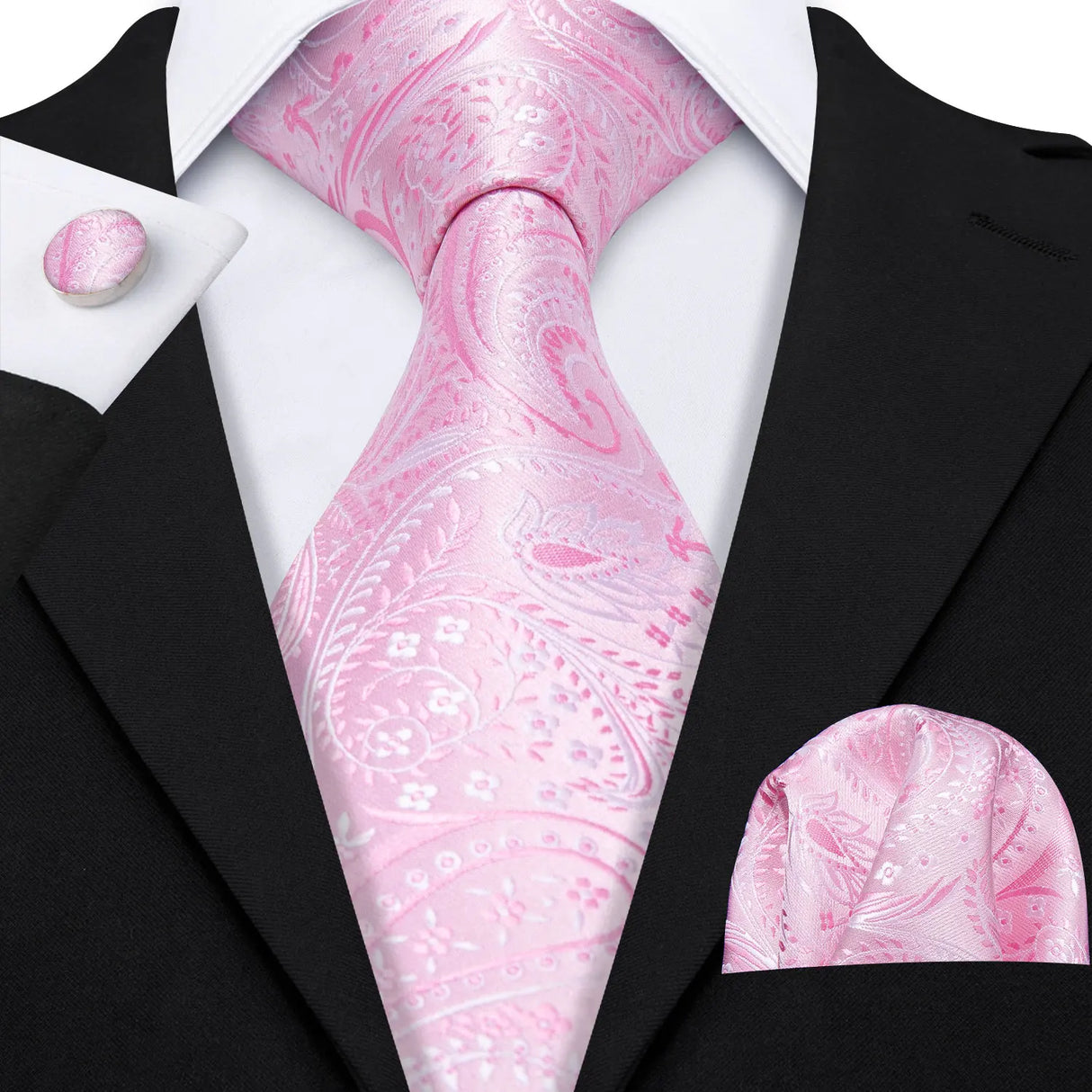 Pink Jacquard Peach Silk Pocket Square Cufflinks Set Necktie