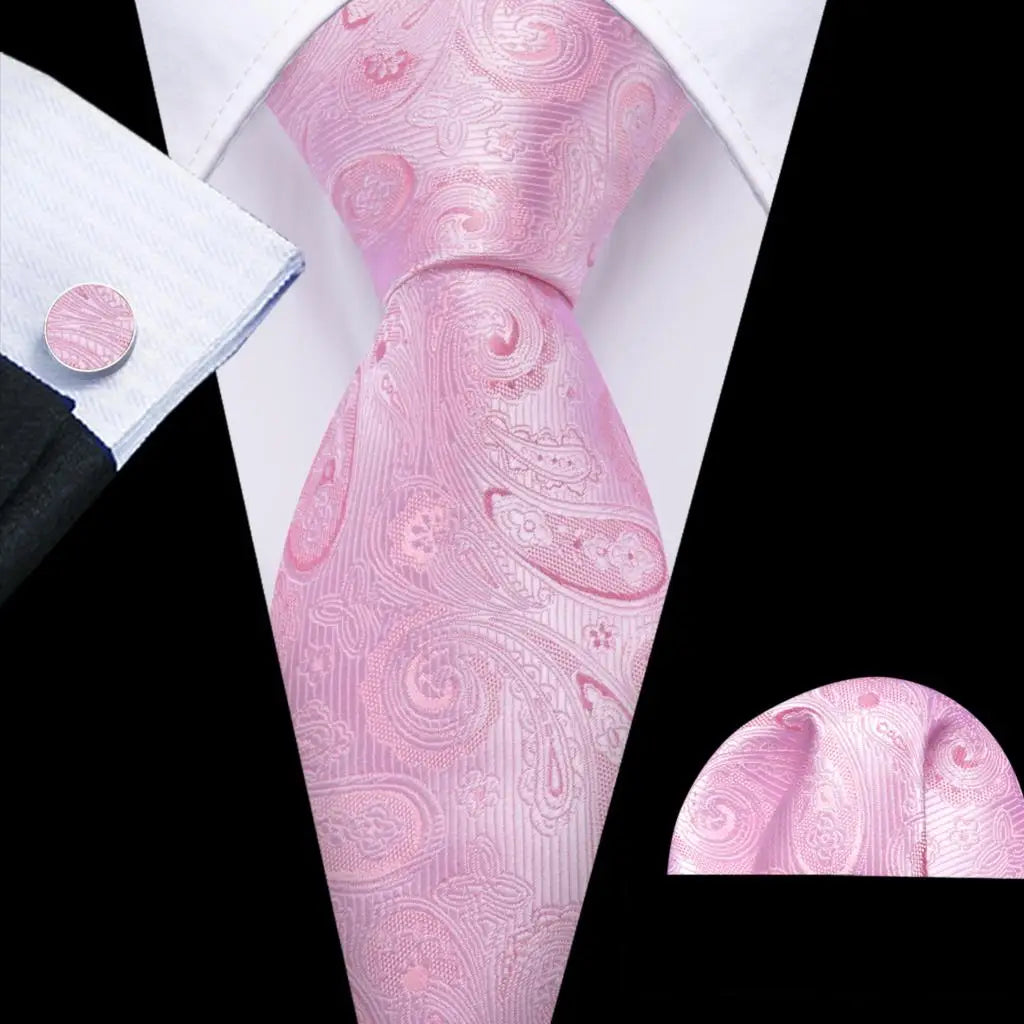 Pink Jacquard Peach Silk Pocket Square Cufflinks Set Necktie