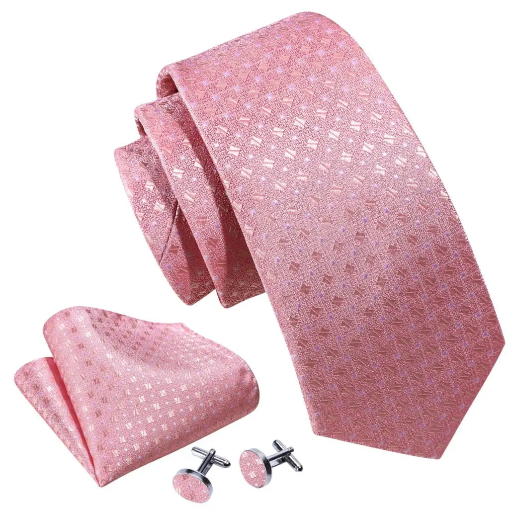 Pink Jacquard Peach Silk Pocket Square Cufflinks Set Necktie