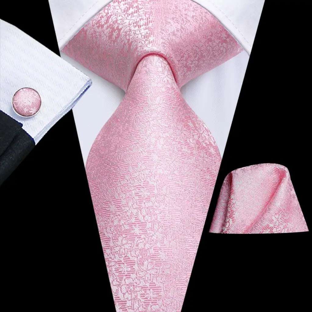Pink Jacquard Peach Silk Pocket Square Cufflinks Set Necktie