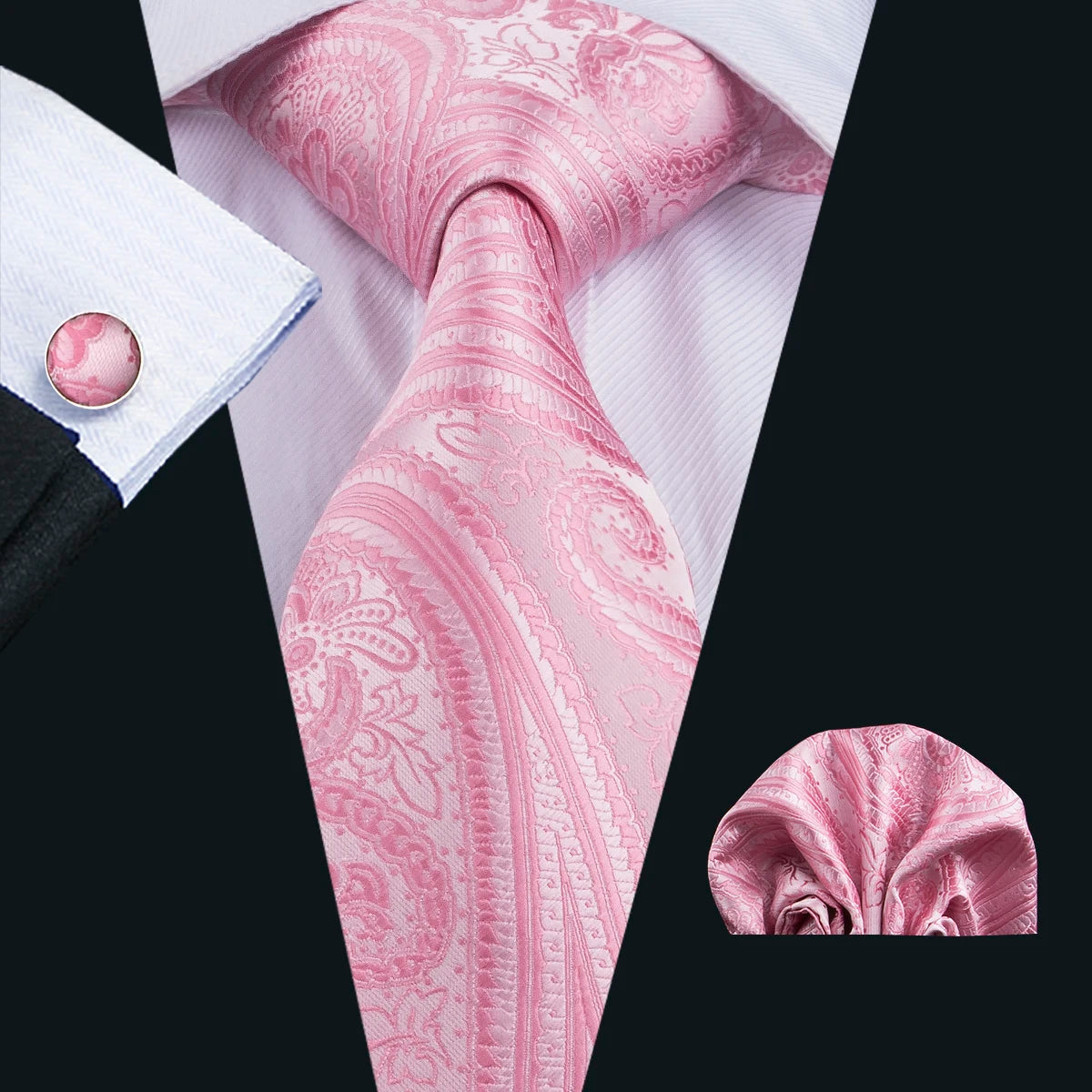 Pink Jacquard Peach Silk Pocket Square Cufflinks Set Necktie