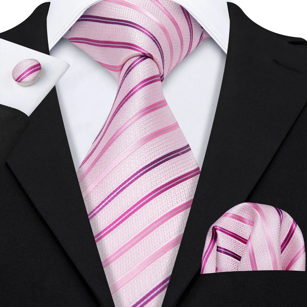Pink Jacquard Peach Silk Pocket Square Cufflinks Set Necktie