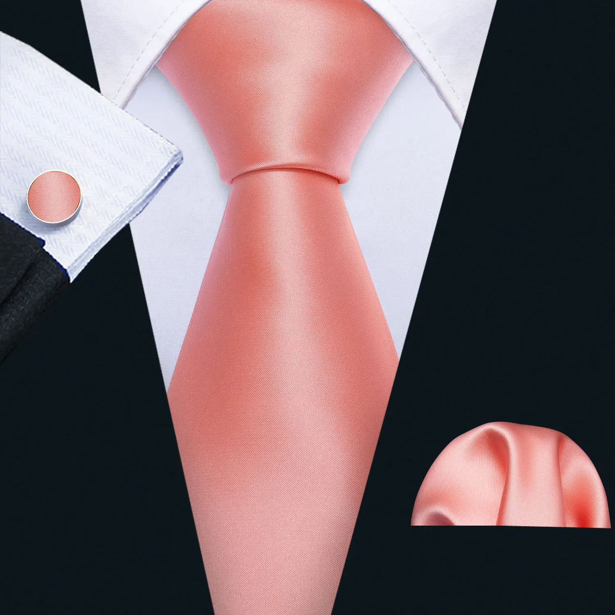 Pink Jacquard Peach Silk Pocket Square Cufflinks Set Necktie