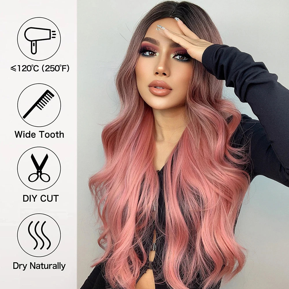 Details Pink Long Wavy Synthetic Heat Resistant Wig