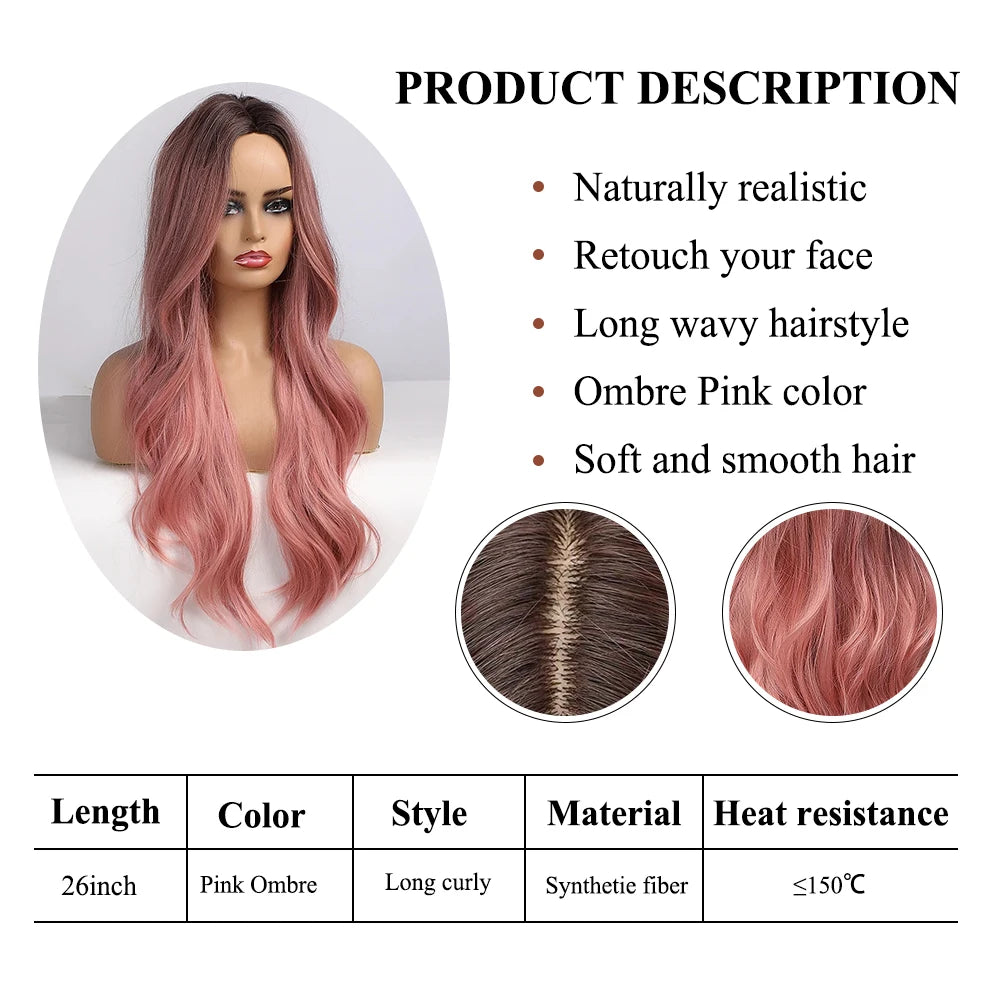 Details Pink Long Wavy Synthetic Heat Resistant Wig