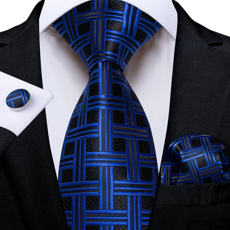 blue black square design necktie set