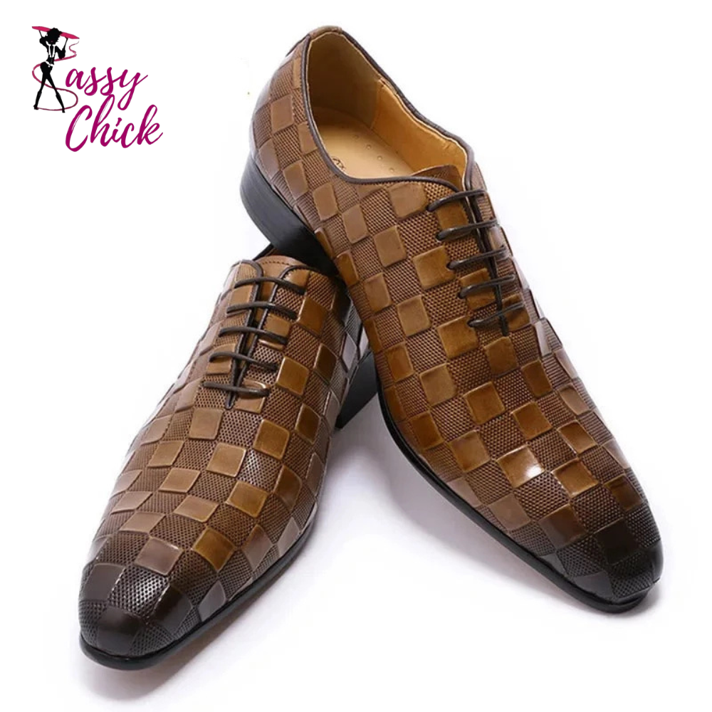 Plaid Print Leather Oxford Men Shoes Sassy Chick Logo