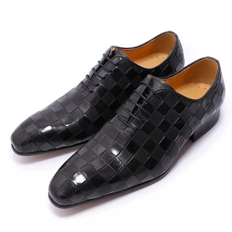 Black Plaid Print Leather Oxford Men Shoes