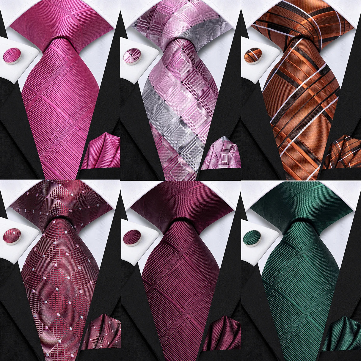 Collection of Plum Color Plaids Handkerchief Cufflinks Necktie