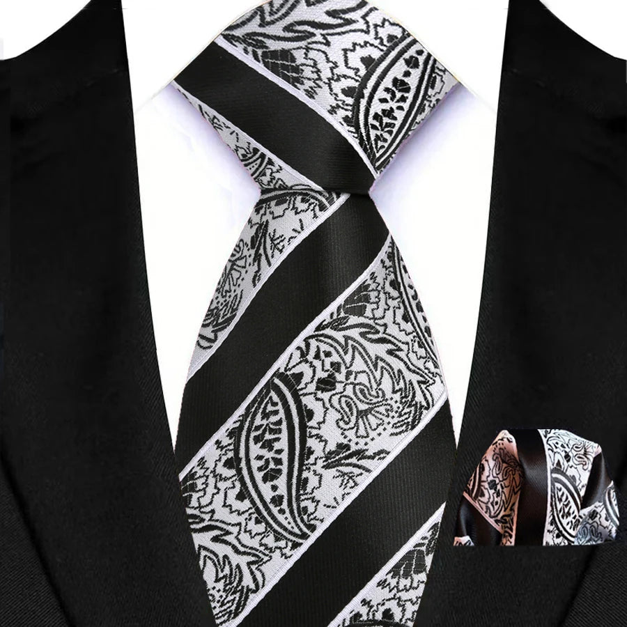 White Black Pocket Square Classic Stripes Necktie Handkerchief Set