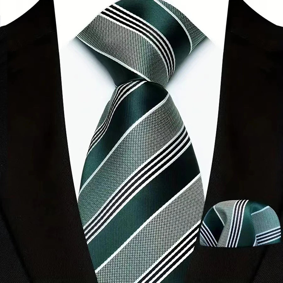 Green Pocket Square Classic Stripes Necktie Handkerchief Set