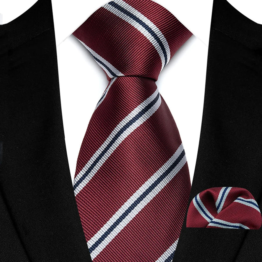 Red Pocket Square Classic Stripes Necktie Handkerchief Set