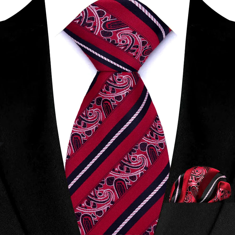 Red Pocket Square Classic Stripes Necktie Handkerchief Set