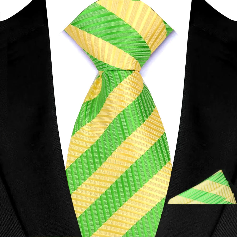 Green Pocket Square Classic Stripes Necktie Handkerchief Set