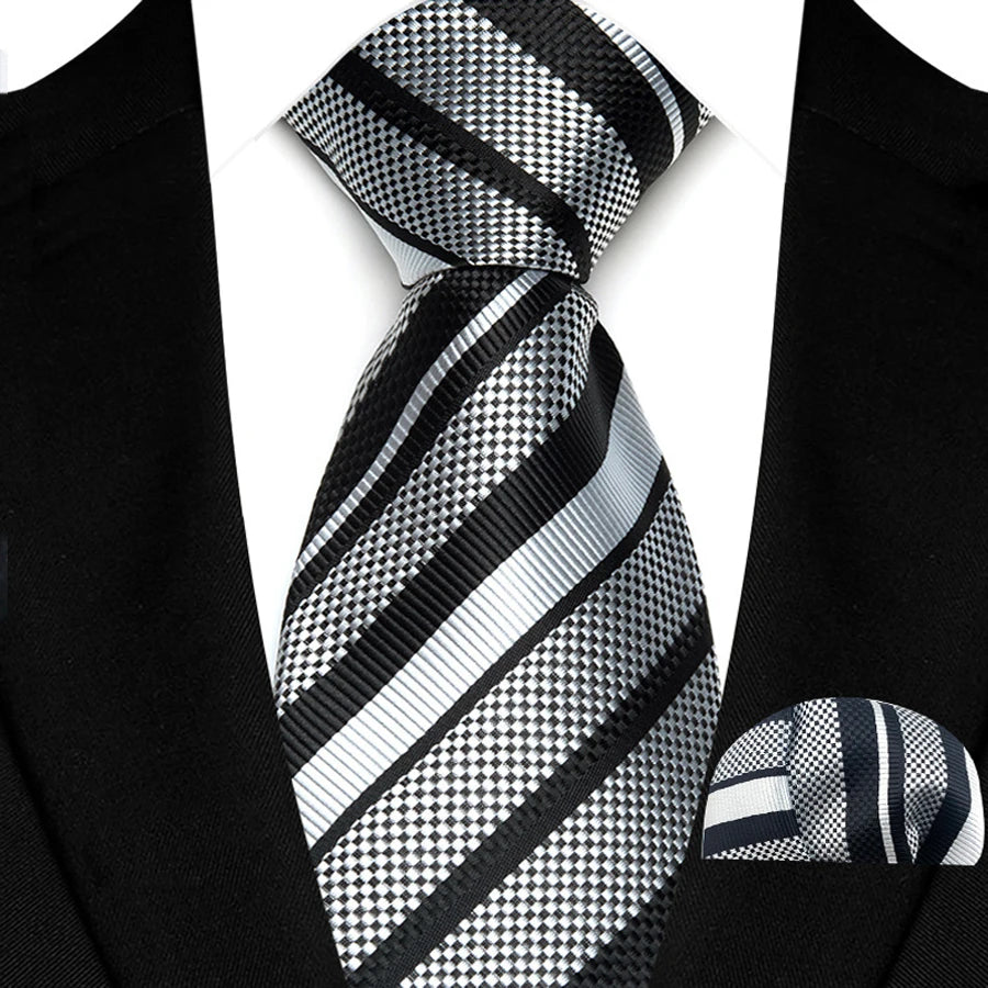 White Black Pocket Square Classic Stripes Necktie Handkerchief Set