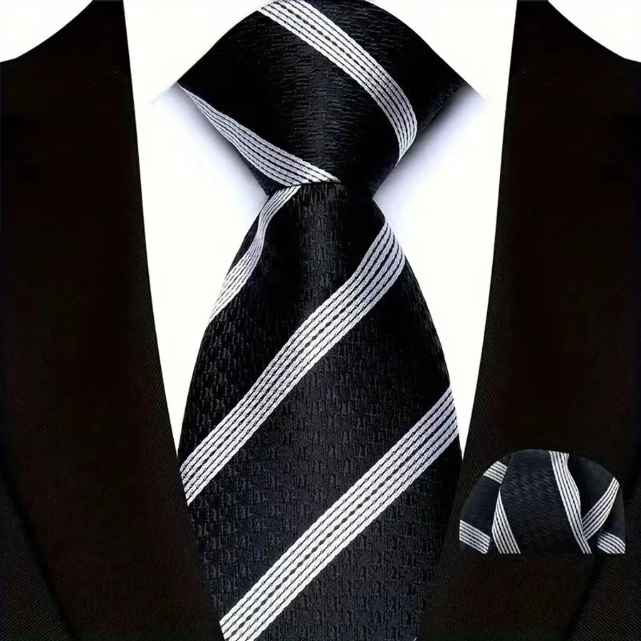 Black White Pocket Square Classic Stripes Necktie Handkerchief Set