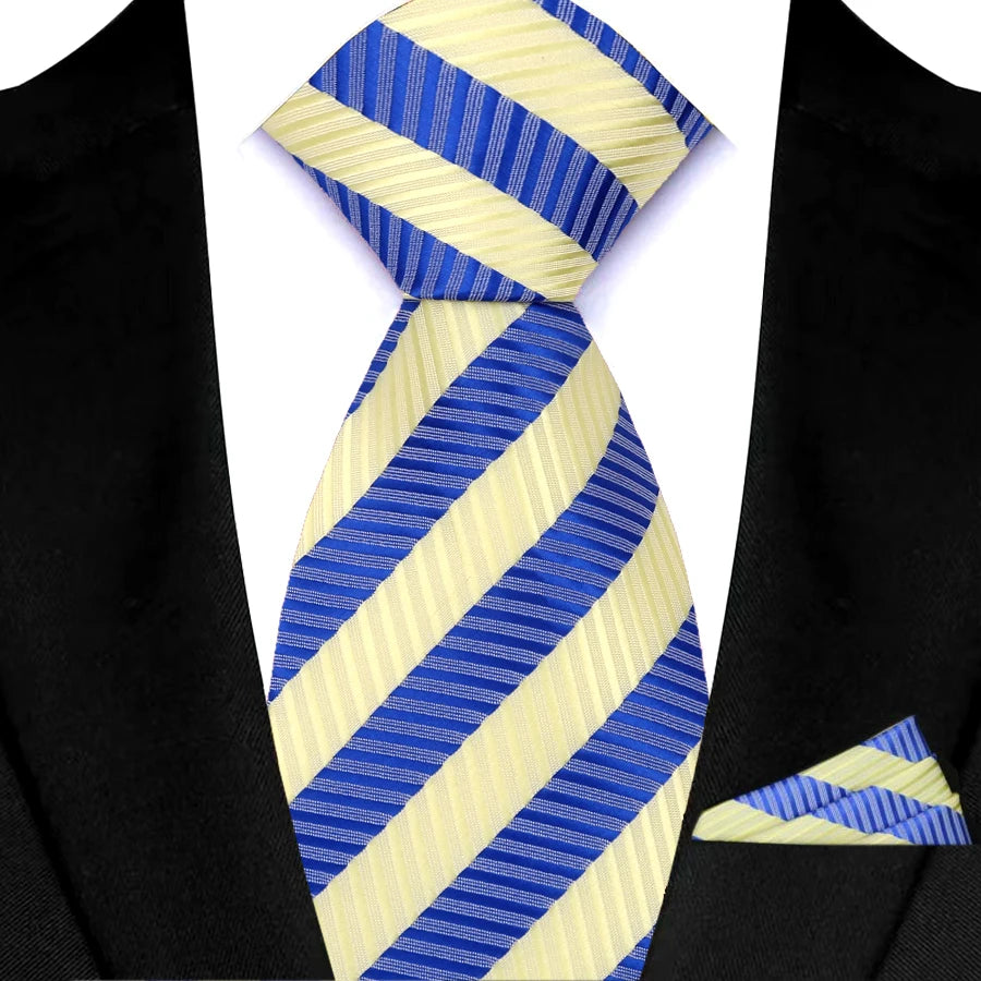 Blue Pocket Square Classic Stripes Necktie Handkerchief Set