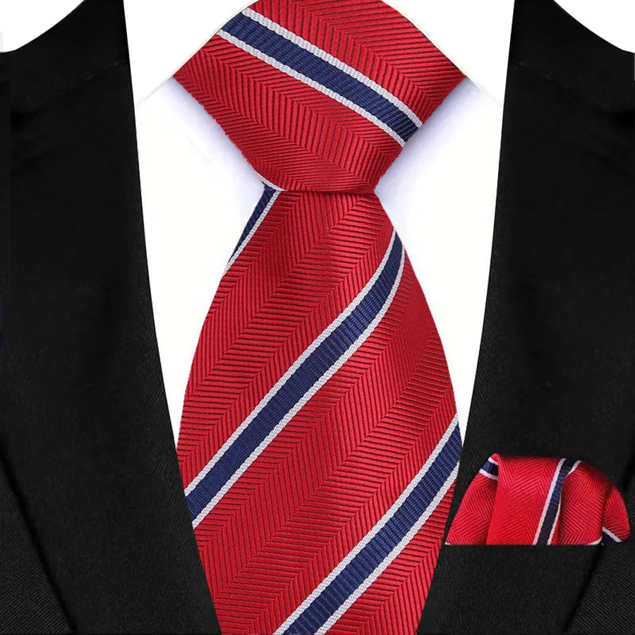 Red Pocket Square Classic Stripes Necktie Handkerchief Set