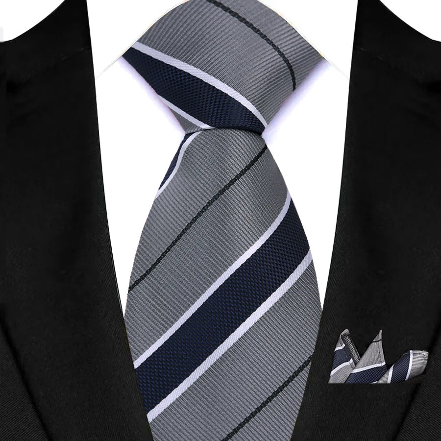 Gray Pocket Square Classic Stripes Necktie Handkerchief Set