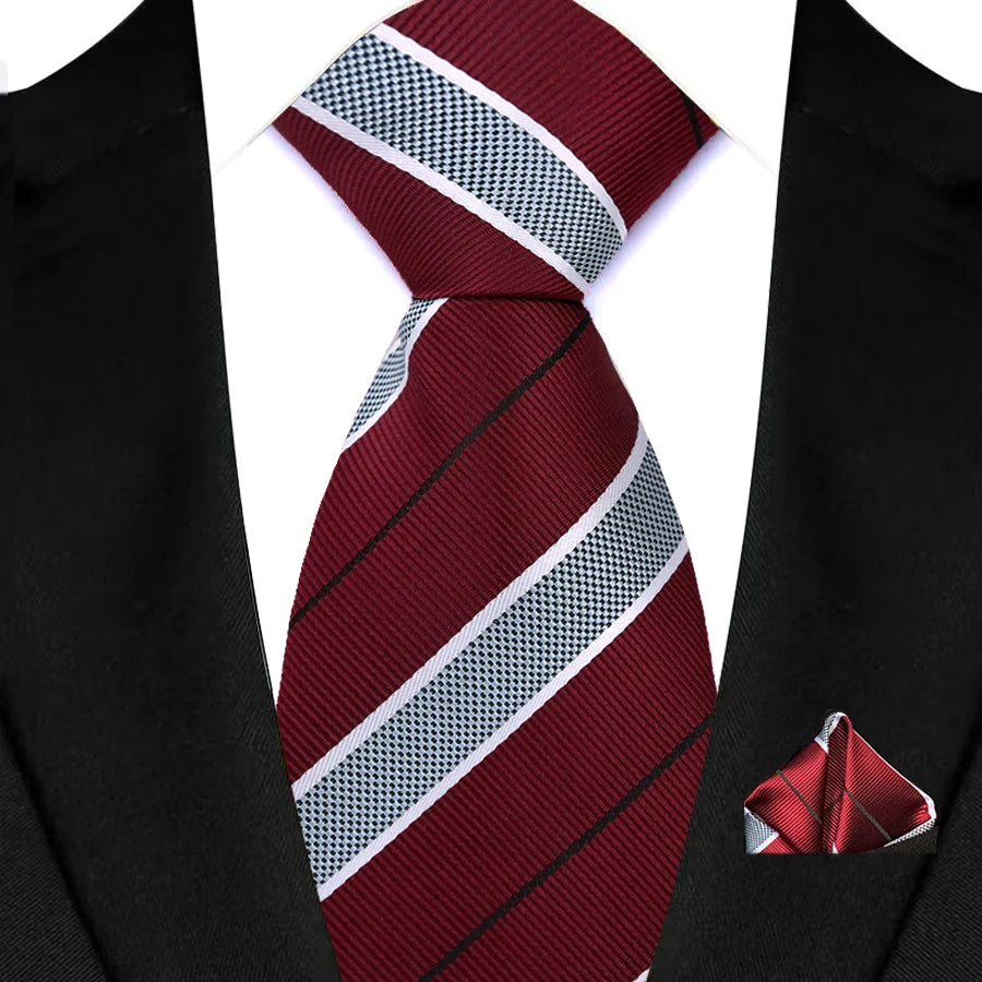 Red Pocket Square Classic Stripes Necktie Handkerchief Set