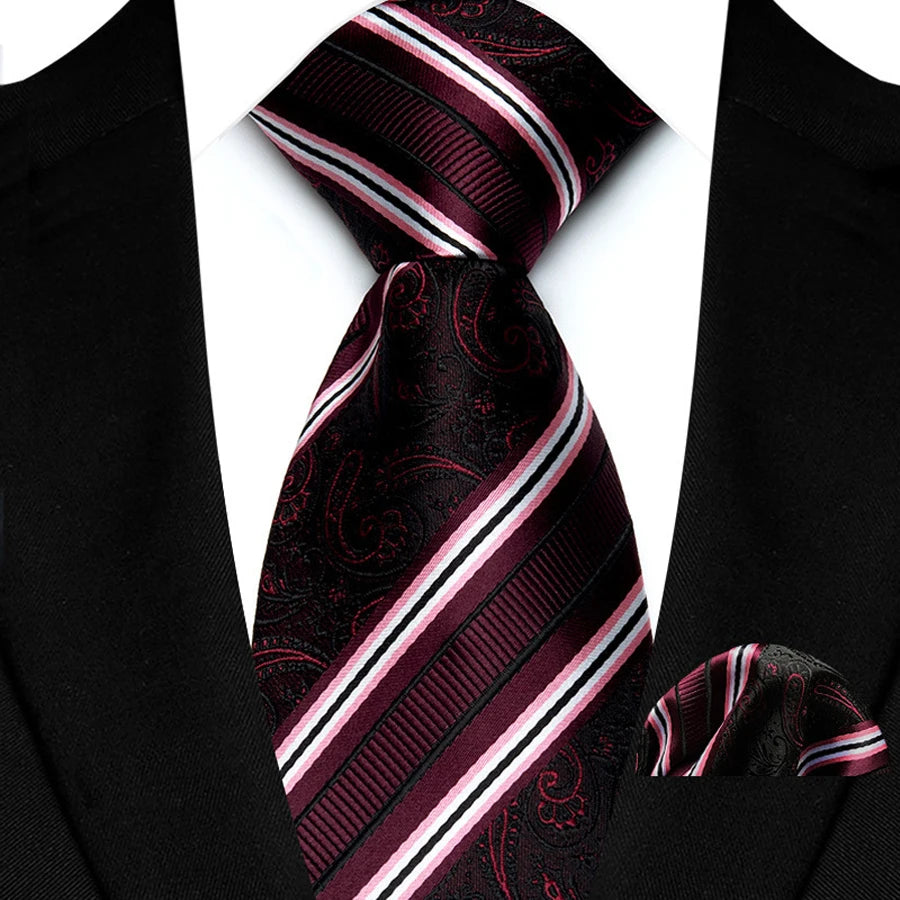 Red Pocket Square Classic Stripes Necktie Handkerchief Set