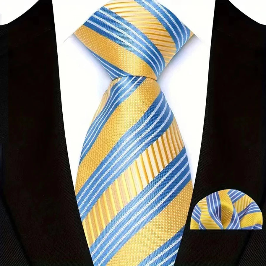 Yellow Pocket Square Classic Stripes Necktie Handkerchief Set