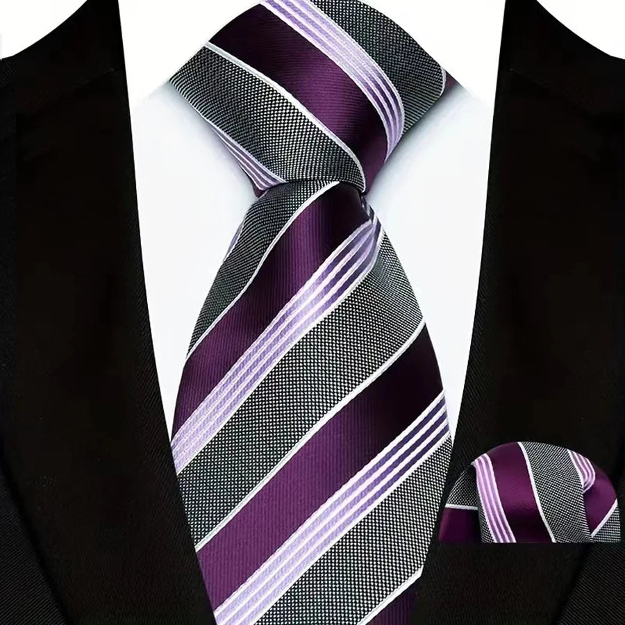 Purple Gray Pocket Square Classic Stripes Necktie Handkerchief Set