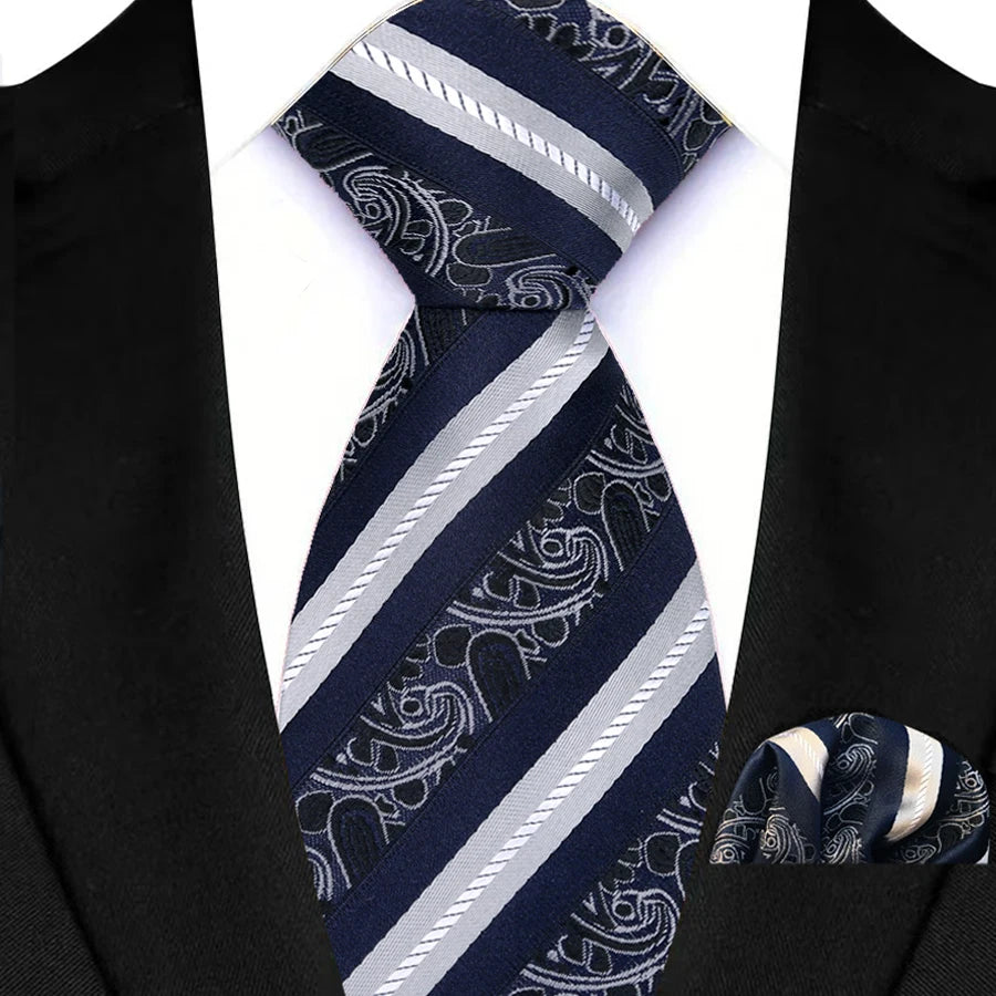 Blue Pocket Square Classic Stripes Necktie Handkerchief Set